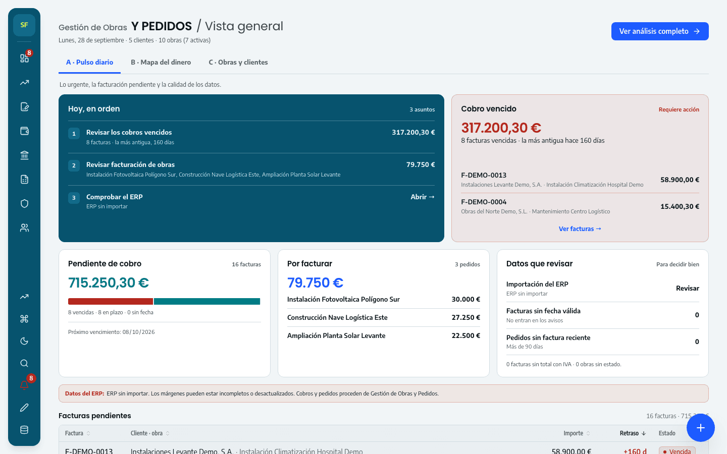 Vista general de Gestión de Obras y Pedidos, con cobros y facturación pendiente
